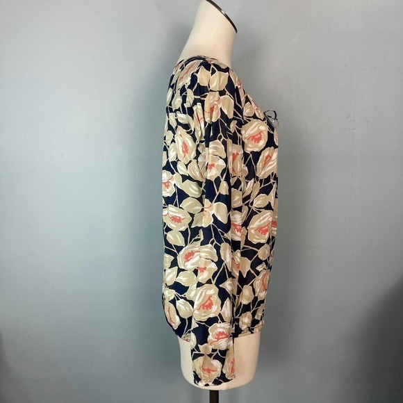 Lucky Brand Floral Vine Lace Up Neckline Peasant Blouse Navy Blue Tan Size M - Picture 5 of 16